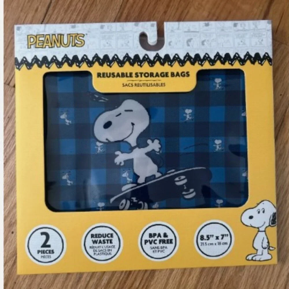 Peanuts Snoopy Reusable Food Storage Bags - Set of 2 (8.5 X 7) BPA & PVC FREE
